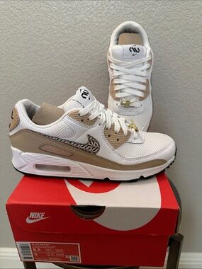 Nike White & Tan Air Max 90 Sneakers with Leopard Accent